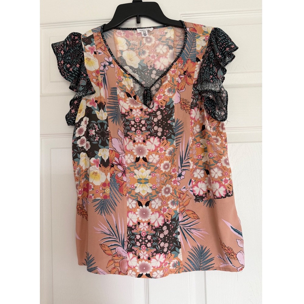 Tribal Jeans Floral Patchwork Ruffle Sleeve Tassel Tie Blouse Coral Pink  M